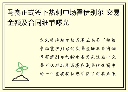 马赛正式签下热刺中场霍伊别尔 交易金额及合同细节曝光